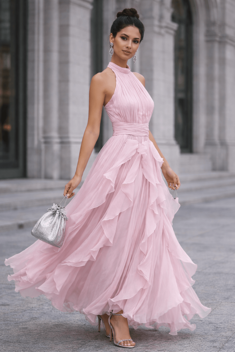 ELEGANT MAXI ΦΟΡΕΜΑ ΜΕ ΕΝΤΥΠΩΣΙΑΚΑ ΒΟΛΑΝ ΡΟΖ - Image 2