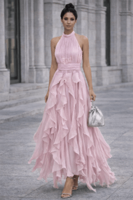 ELEGANT MAXI ΦΟΡΕΜΑ ΜΕ ΕΝΤΥΠΩΣΙΑΚΑ ΒΟΛΑΝ ΡΟΖ