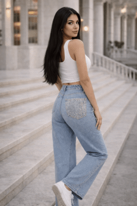 WHITE LACE JEANS ΠΑΝΤΕΛΟΝΑ ΜΕ STRASS BACK POCKET