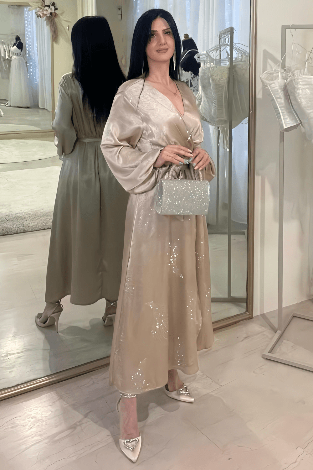 ELEGANT ΣΑΤΕΝ ΦΟΡΕΜΑ ΜΕ ΣΤΡΑΣ ΜΠΕΖ - Image 2