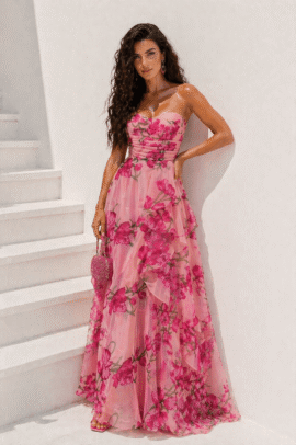 STRAPLESS ΦΟΡΕΜΑ ΜΕ FLORAL PRINT & ΒΟΛΑΝ ΡΟΖ