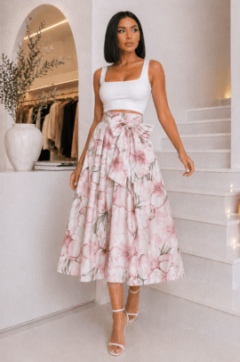 SATIN FLORAL MIDI ΦΟΥΣΤΑ ΜΕ ΦΙΟΓΚΟ ΡΟΖ