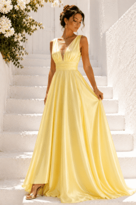 LUXURY ΣΑΤΕΝ PLUS SIZE ΦΟΡΕΜΑ ΣΕ PASTEL ΚΙΤΡΙΝΗ ΑΠΟΧΡΩΣΗ