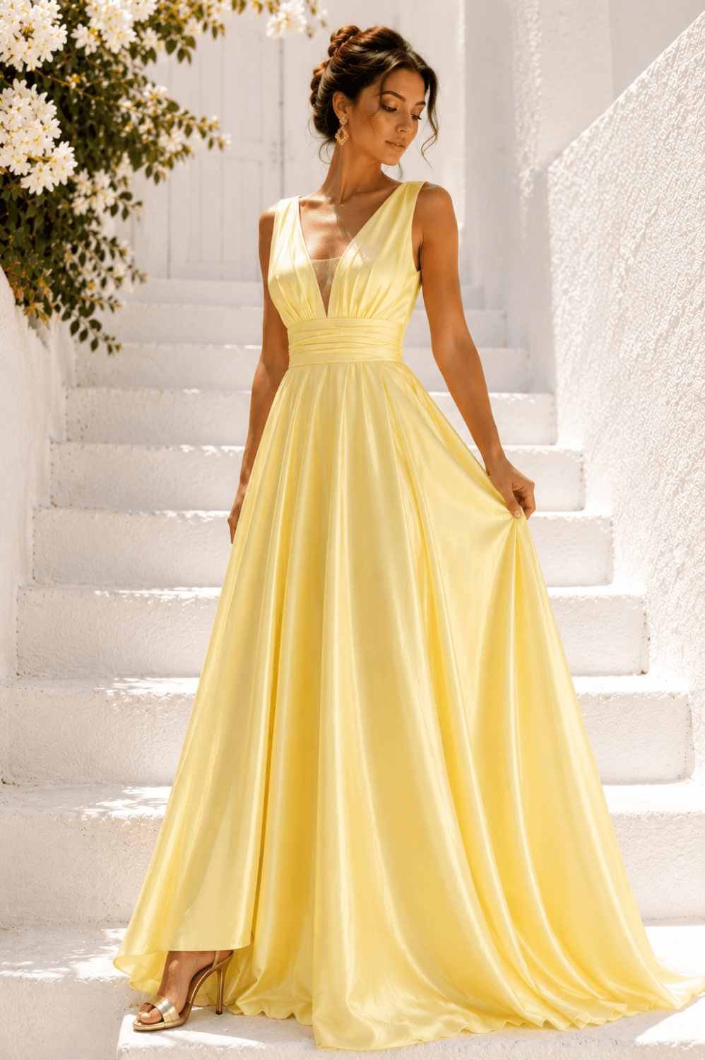 LUXURY ΣΑΤΕΝ PLUS SIZE ΦΟΡΕΜΑ ΣΕ PASTEL ΚΙΤΡΙΝΗ ΑΠΟΧΡΩΣΗ