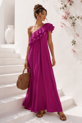 AMORE ONE SHOULDER MAXI DRESS ΦΟΥΞΙΑ