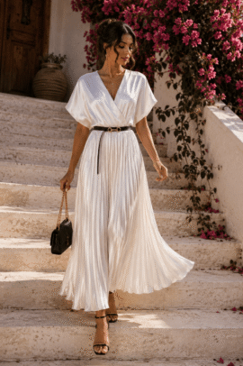 SATIN PLEATED MAXI DRESS ΑΣΠΡΟ