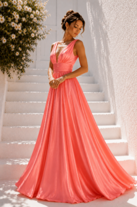 LUXURY ΣΑΤΕΝ PLUS SIZE ΦΟΡΕΜΑ ΣΕ PASTEL ΚΟΡΑΛΛΙ