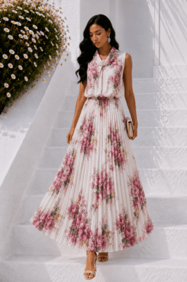 ΡΟΖ FLORAL PLEATED MAXI DRESS