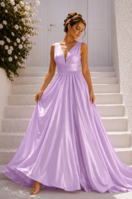 LUXURY ΣΑΤΕΝ PLUS SIZE ΦΟΡΕΜΑ ΣΕ PASTEL ΛΙΛΑ