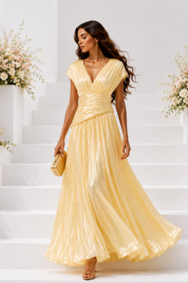 SATIN PLISE MAXI ΦΟΡΕΜΑ ΣΕ ΚΙΤΡΙΝΗ ΑΠΟΧΡΩΣΗ