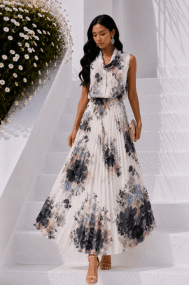 ΓΚΡΙ FLORAL PLEATED MAXI DRESS