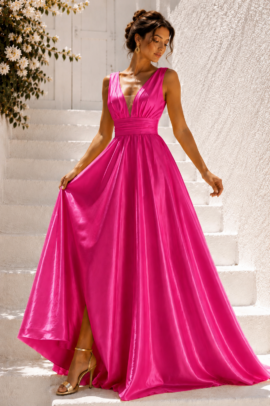 LUXURY ΣΑΤΕΝ PLUS SIZE ΦΟΡΕΜΑ ΣΕ PASTEL ΦΟΥΞΙΑ