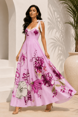 ΛΙΝΟ FLORAL MAXI ΦΟΡΕΜΑ ΜΕ ΔΕΣΙΜΟ ΣΤΟΥΣ ΩΜΟΥΣ ΡΟΖ