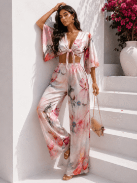ΣΑΤΕΝ FLORAL ΣΕΤ ΜΕ CROP TOP & ΠΑΝΤΕΛΟΝΑ ΡΟΖ
