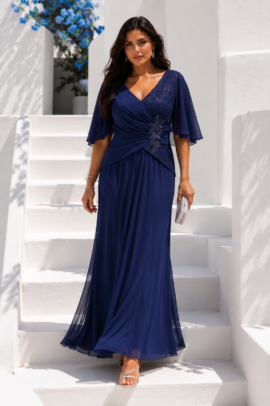 ROYAL LACE PLUS SIZE MAXI ΦΟΡΕΜΑ ΜΠΛΕ ΣΚΟΥΡΟ