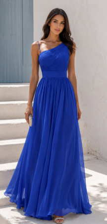 ΦΟΡΕΜΑ MAXI ONE SHOULDER ΑΠΟ ΟΡΓΑΝΤΖΑ ΜΠΛΕ ΡΟΥΑ
