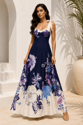 ΛΙΝΟ FLORAL MAXI ΦΟΡΕΜΑ ΜΕ ΔΕΣΙΜΟ ΣΤΟΥΣ ΩΜΟΥΣ ΜΠΛΕ