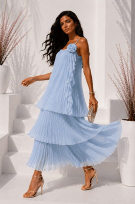 PLEATED MAXI ΦΟΡΕΜΑ ΜΕ ΤΡΙΑ ΒΟΛΑΝ – ΣΙΕΛ