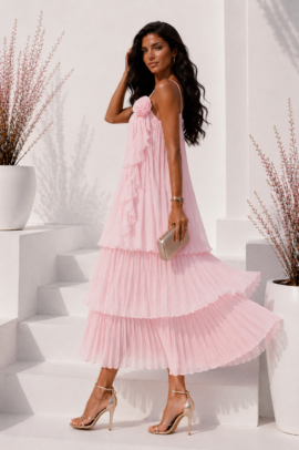 PLEATED MAXI ΦΟΡΕΜΑ ΜΕ ΤΡΙΑ ΒΟΛΑΝ – ΡΟΖ
