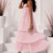 PLEATED MAXI ΦΟΡΕΜΑ ΜΕ ΤΡΙΑ ΒΟΛΑΝ – ΡΟΖ
