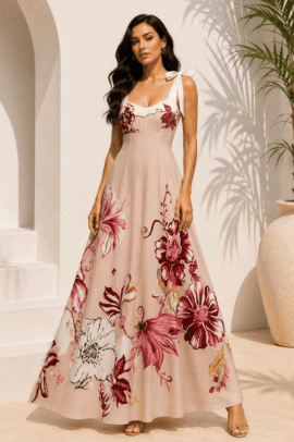 ΛΙΝΟ FLORAL MAXI ΦΟΡΕΜΑ ΜΕ ΔΕΣΙΜΟ ΣΤΟΥΣ ΩΜΟΥΣ ΜΠΕΖ
