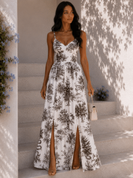 ROMANTIC ANIMAL MAXI DRESS ΜΕ ΦΙΟΓΚΟ ΠΛΑΤΗΣ ΚΑΦΕ