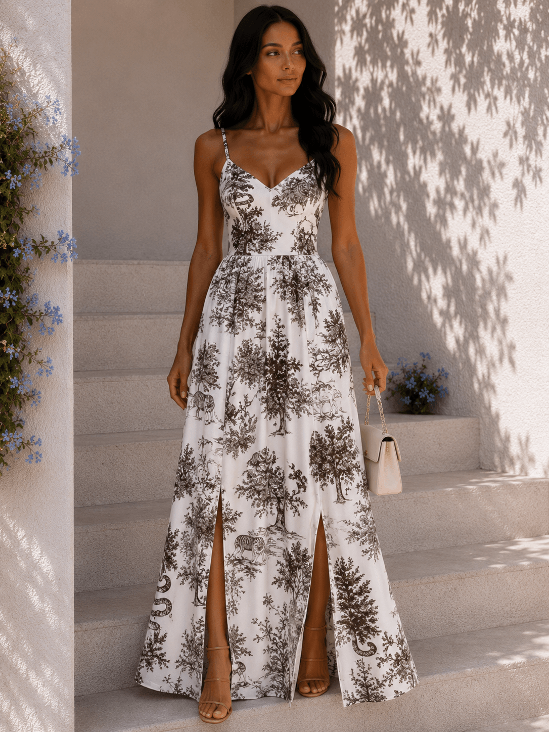 ROMANTIC ANIMAL MAXI DRESS ΜΕ ΦΙΟΓΚΟ ΠΛΑΤΗΣ ΚΑΦΕ