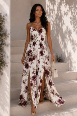 ROMANTIC FLORAL MAXI DRESS ΜΕ ΦΙΟΓΚΟ ΠΛΑΤΗΣ ΜΠΟΡΝΤΩ
