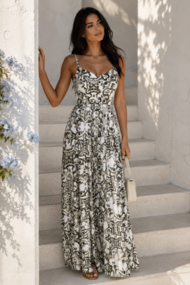 ROMANTIC ANIMAL MAXI DRESS ΜΕ ΦΙΟΓΚΟ ΠΛΑΤΗΣ ΧΑΚΙ