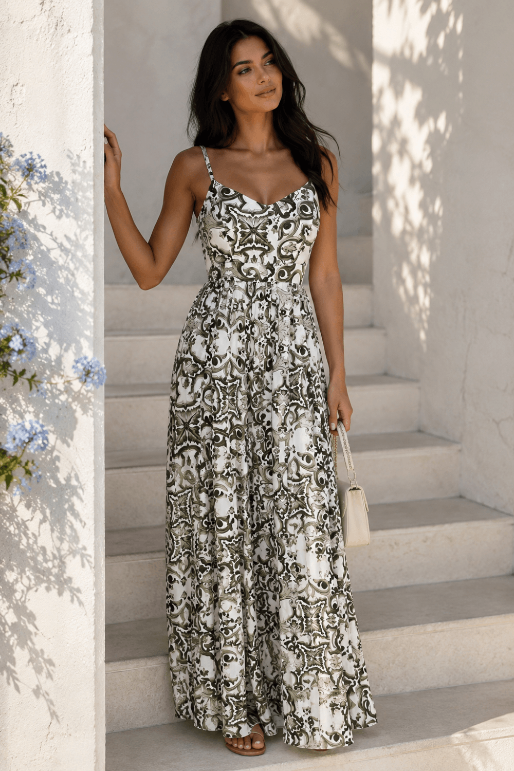 ROMANTIC ANIMAL MAXI DRESS ΜΕ ΦΙΟΓΚΟ ΠΛΑΤΗΣ ΧΑΚΙ