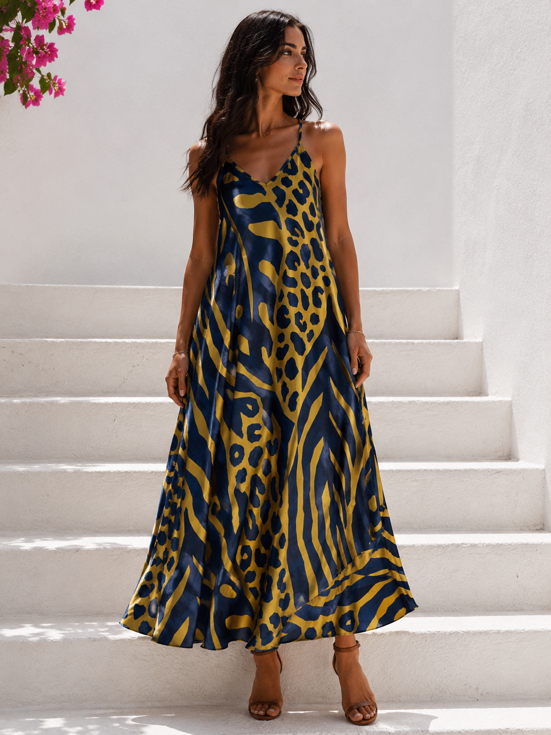 SATEN ΦΟΡΕΜΑ ANIMAL PRINT ΚΙΤΡΙΝΟ&ΜΠΛΕ